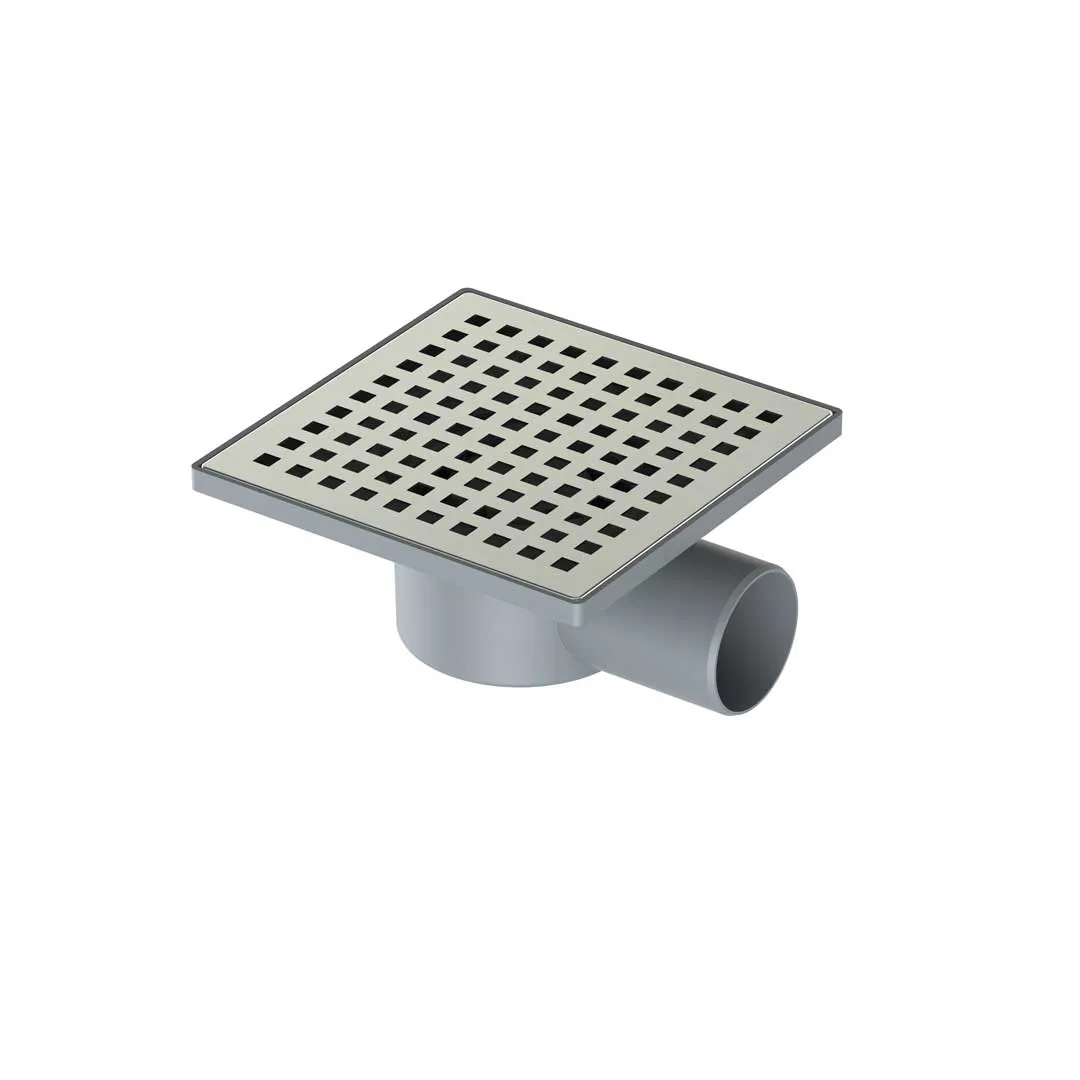 Sifon de pardoseală din plastic cu grila din INOX, ieșire laterală, DN 50mm, 150x150 mm