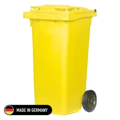 Tomberon din plastic cu roți din cauciuc, standart, Germania, 120 L, galben