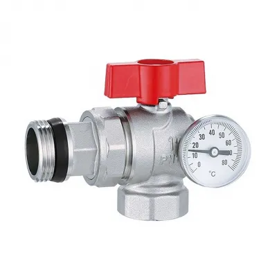 Robinet colțar cu olandez și termometru HYDRO-S, MF, fluture - 1"